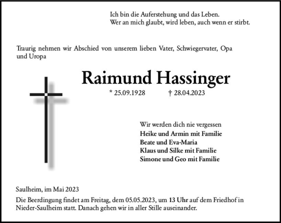Traueranzeige von Raimund Hassinger von Allgemeine Zeitung Alzey