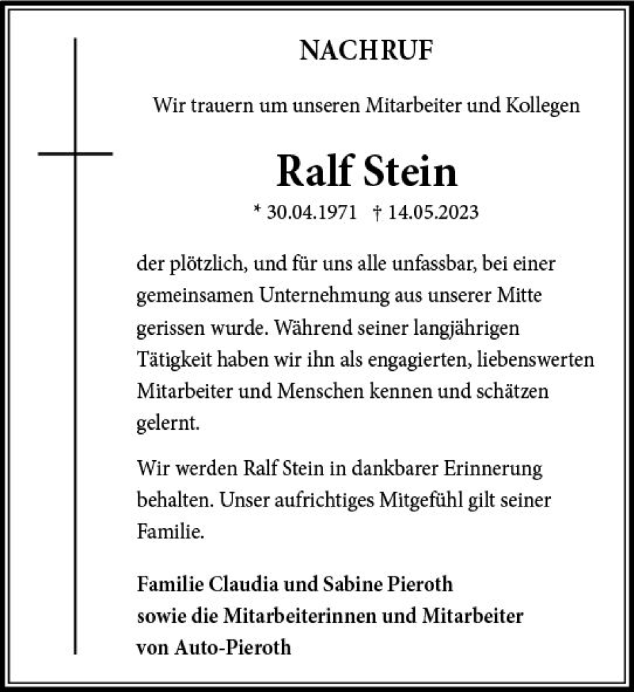  Traueranzeige für Ralf Stein vom 24.05.2023 aus Allgemeine Zeitung Bingen/Ingelheim