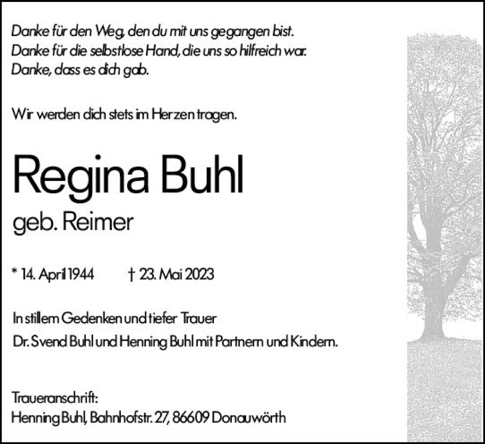  Traueranzeige für Regina Buhl vom 26.05.2023 aus Oberhessische Zeitung