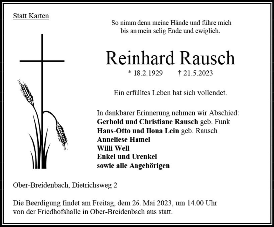 Traueranzeige von Reinhard Rausch von VRM Trauer