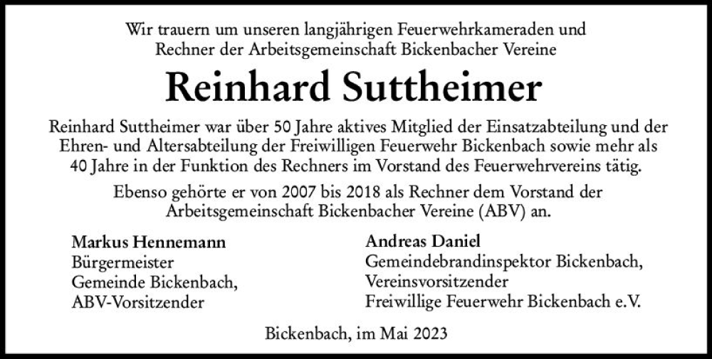  Traueranzeige für Reinhard Suttheimer vom 27.05.2023 aus Darmstädter Echo