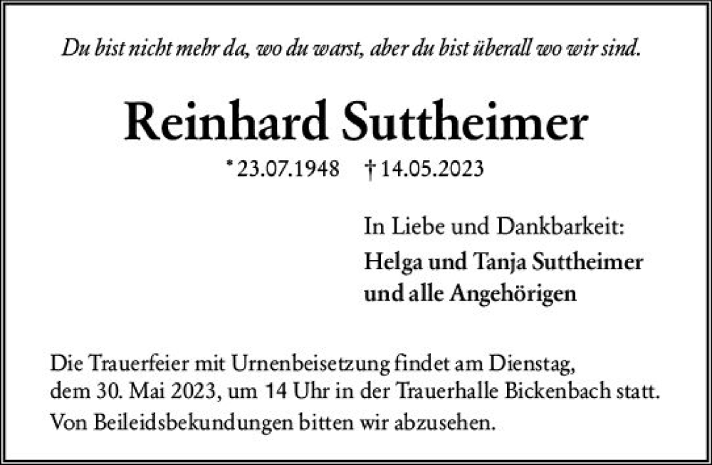  Traueranzeige für Reinhard Suttheimer vom 20.05.2023 aus Darmstädter Echo
