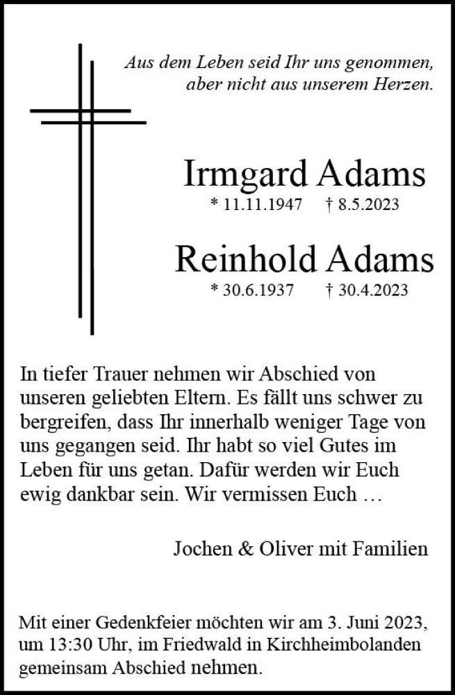  Traueranzeige für Reinhold Adams vom 27.05.2023 aus Darmstädter Echo