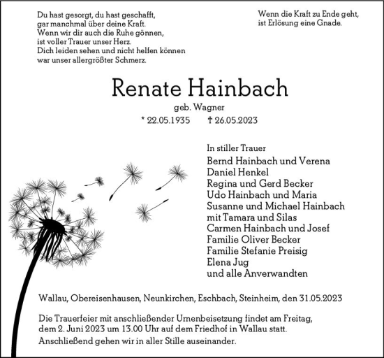 Traueranzeige von Renate Hainbach von Hinterländer Anzeiger