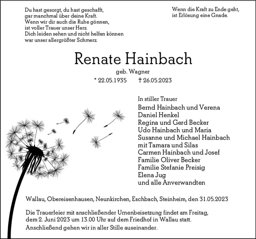  Traueranzeige für Renate Hainbach vom 31.05.2023 aus Hinterländer Anzeiger