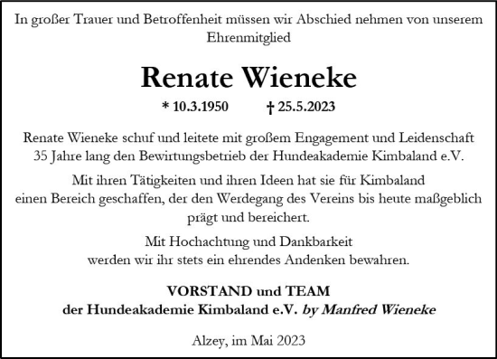 Traueranzeige von Renate Wieneke von Allgemeine Zeitung Alzey