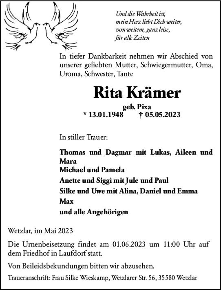  Traueranzeige für Rita Krämer vom 25.05.2023 aus Wetzlarer Neue Zeitung
