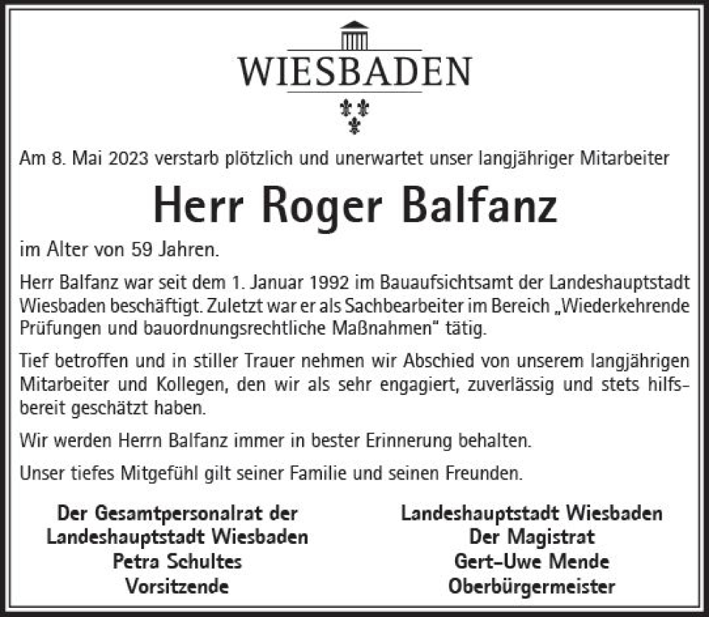  Traueranzeige für Roger Balfanz vom 24.05.2023 aus Wiesbadener Kurier