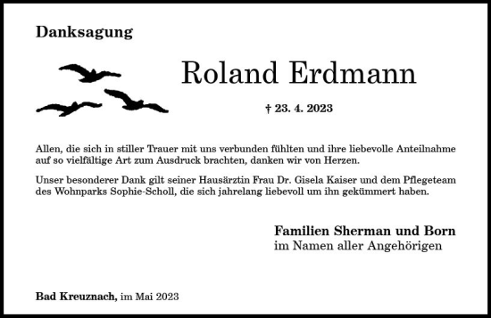 Traueranzeige von Roland Erdmann von Allgemeine Zeitung Bad Kreuznach