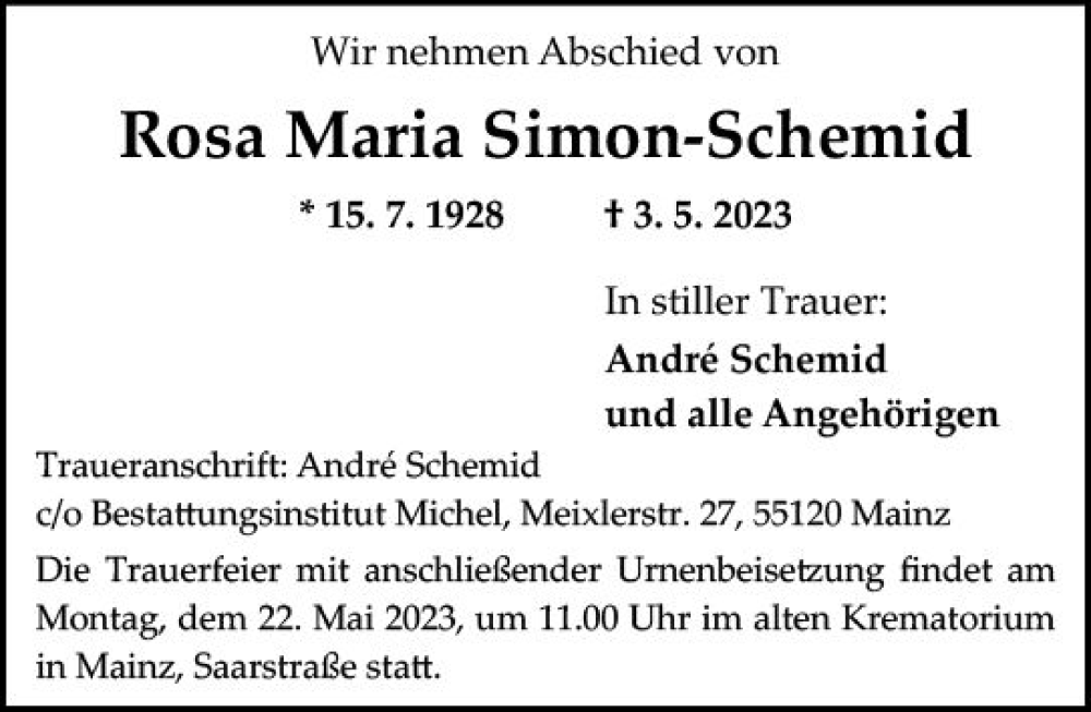  Traueranzeige für Rosa Maria Simon-Schemid vom 13.05.2023 aus Allgemeine Zeitung Mainz