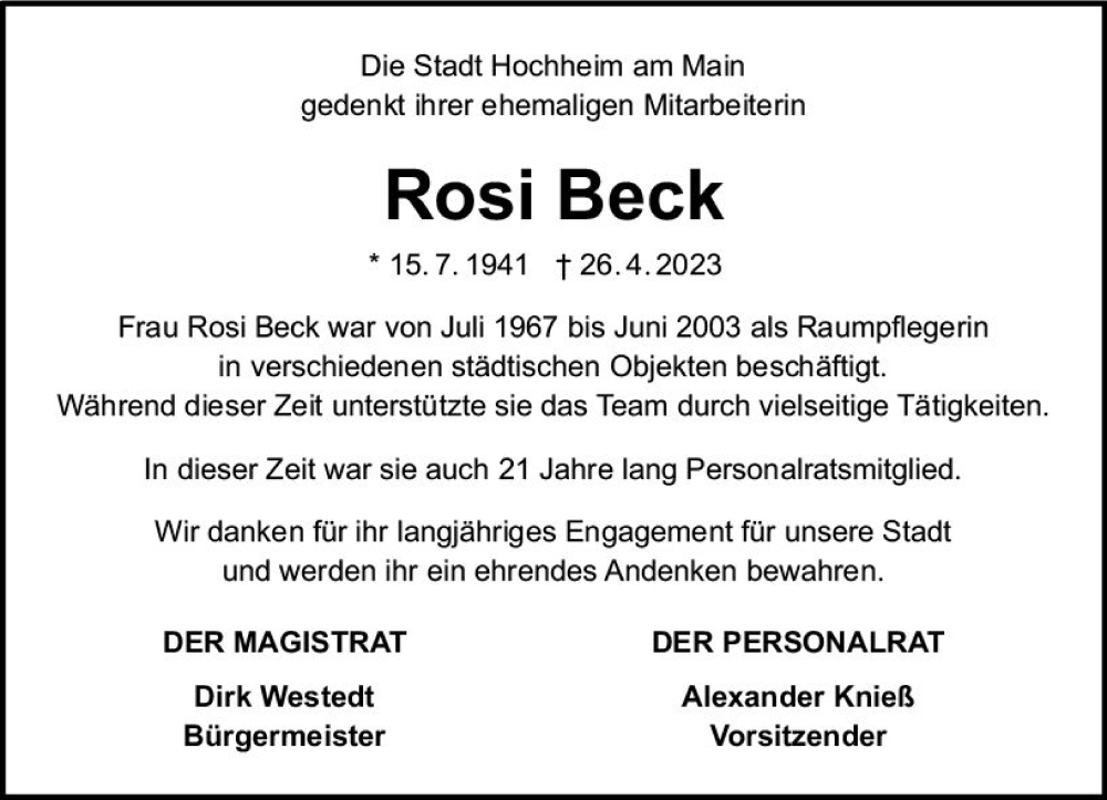  Traueranzeige für Rosi Beck vom 05.05.2023 aus Hochheimer Zeitung