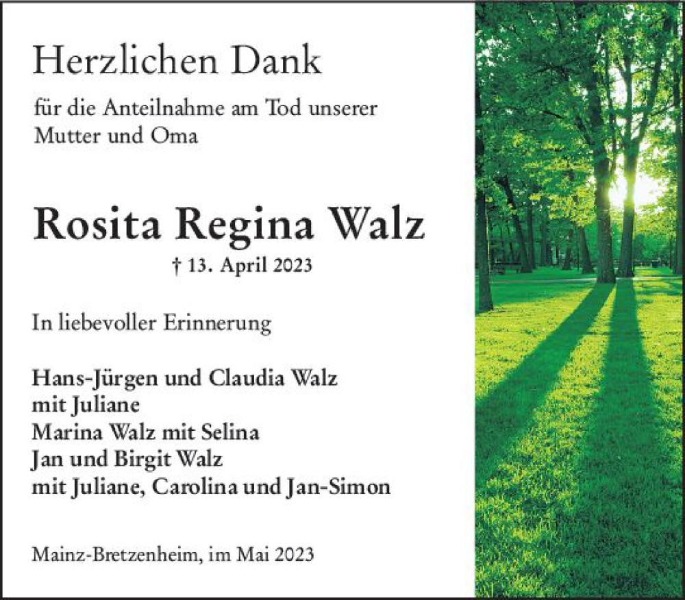  Traueranzeige für Rosita Regina Walz vom 13.05.2023 aus Allgemeine Zeitung Mainz