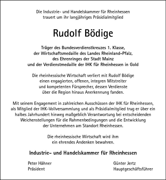 Traueranzeige von Rudolf Bödige von Allgemeine Zeitung Mainz
