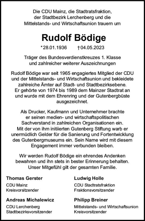 Traueranzeige von Rudolf Bödige von Allgemeine Zeitung Mainz