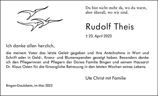 Traueranzeige von Rudolf Theis von Allgemeine Zeitung Bingen/Ingelheim