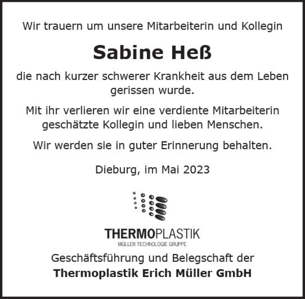  Traueranzeige für Sabine Heß vom 20.05.2023 aus Darmstädter Echo