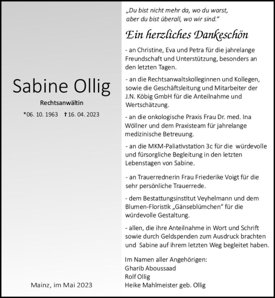 Traueranzeige von Sabine Ollig von Allgemeine Zeitung Bingen/Ingelheim
