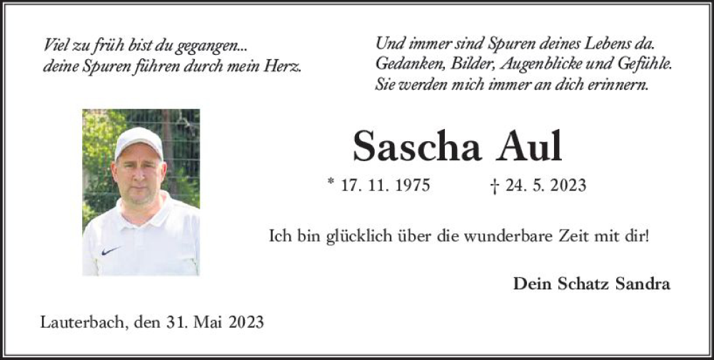  Traueranzeige für Sascha Aul vom 31.05.2023 aus VRM Trauer