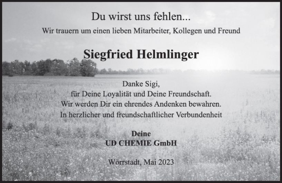 Traueranzeige von Siegfried Helmlinger von Allgemeine Zeitung Alzey