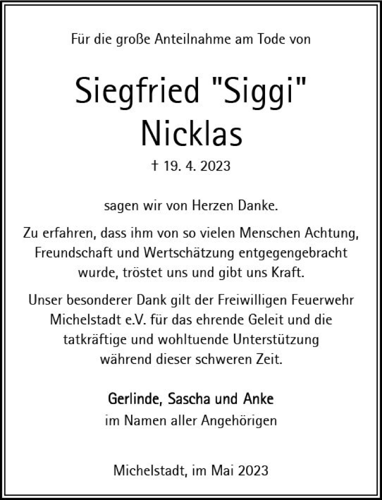  Traueranzeige für Siegfried Nicklas vom 27.05.2023 aus Odenwälder Echo