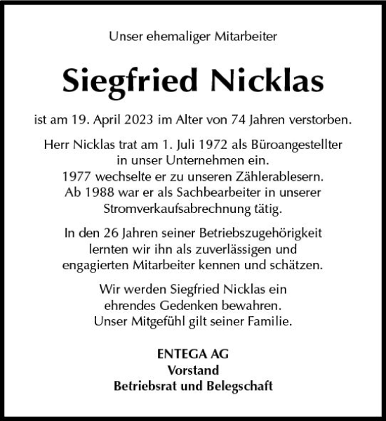 Traueranzeige von Siegfried Nicklas von Odenwälder Echo