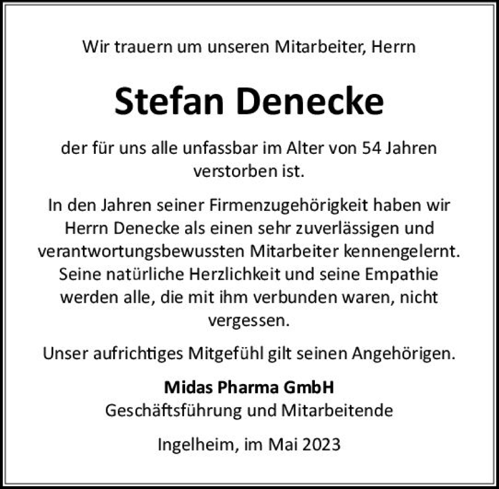  Traueranzeige für Stefan Denecke vom 24.05.2023 aus Allgemeine Zeitung Bingen/Ingelheim