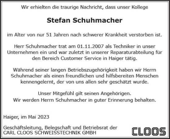 Traueranzeige von Stefan Schuhmacher von Dill Block