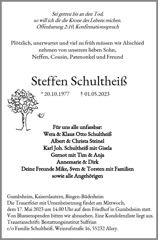  Traueranzeige für Steffen Schultheiß vom 06.05.2023 aus Allgemeine Zeitung Alzey