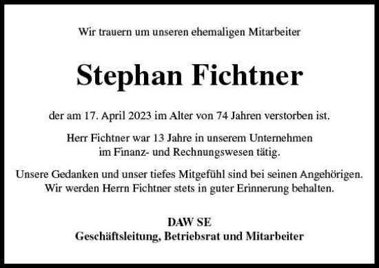 Traueranzeige von Stephan Fichtner von Darmstädter Echo