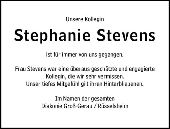 Traueranzeige von Stephanie Stevens von Rüsselsheimer Echo