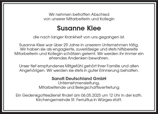 Traueranzeige von Susanne Klee von Nassauische Neue Presse