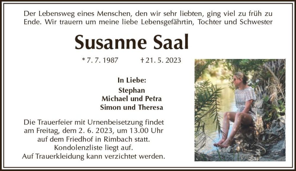  Traueranzeige für Susanne Saal vom 30.05.2023 aus Starkenburger Echo