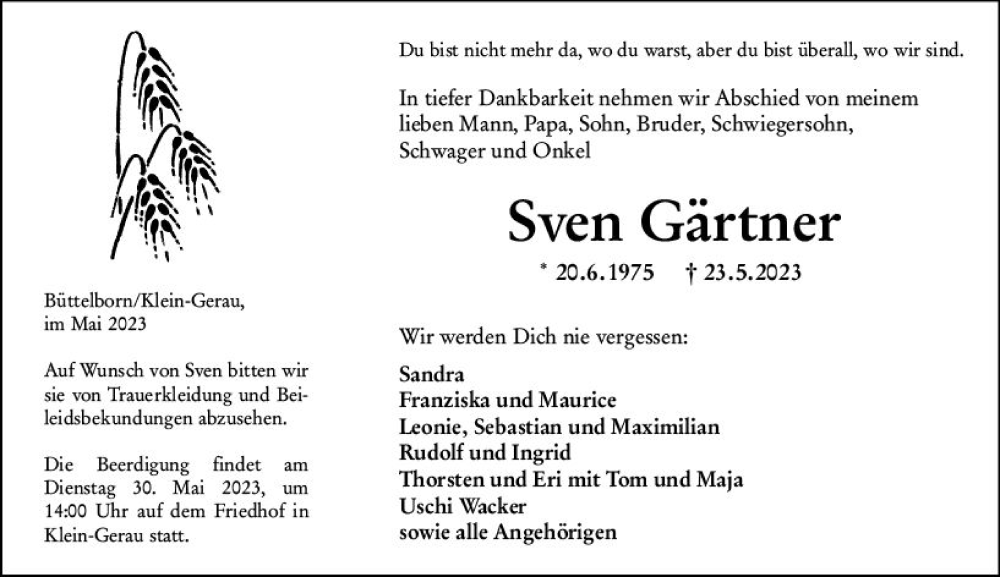  Traueranzeige für Sven Gärtner vom 27.05.2023 aus Groß-Gerauer Echo