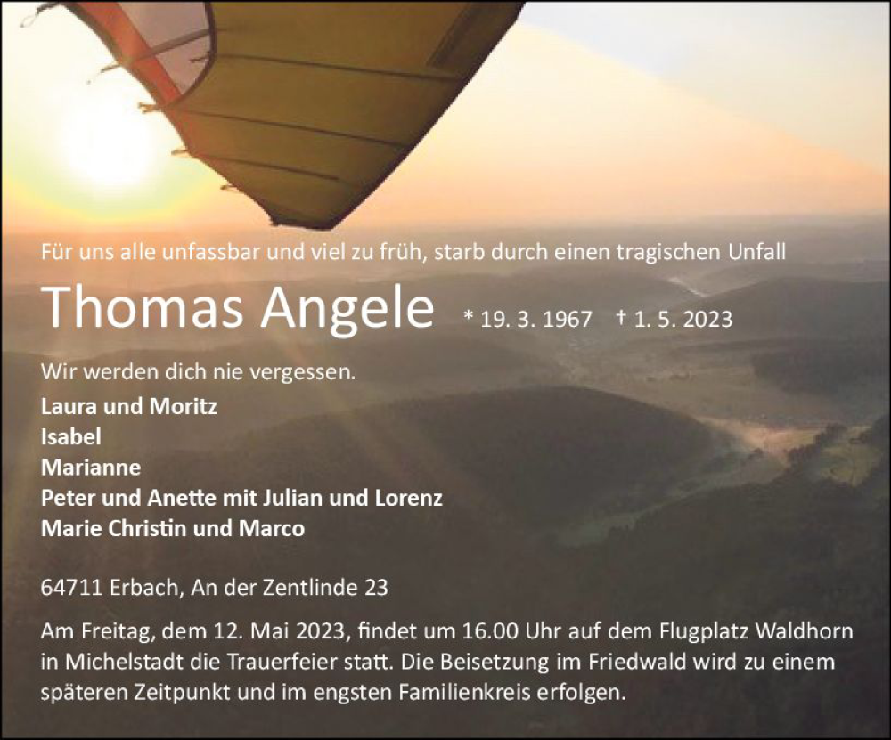  Traueranzeige für Thomas Angele vom 06.05.2023 aus Odenwälder Echo