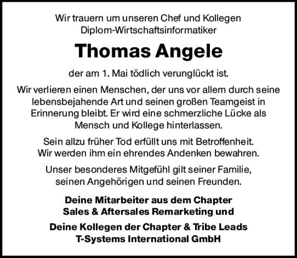  Traueranzeige für Thomas Angele vom 13.05.2023 aus Odenwälder Echo