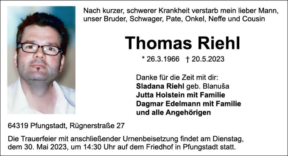  Traueranzeige für Thomas Riehl vom 27.05.2023 aus Darmstädter Echo