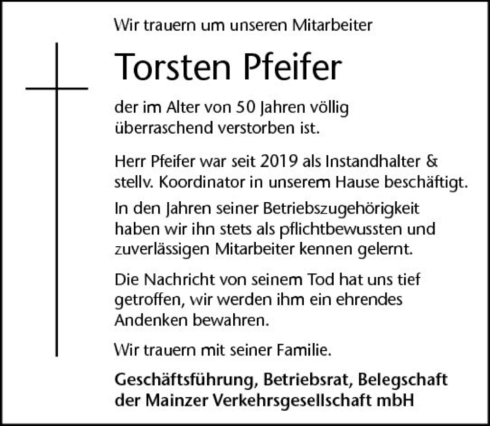  Traueranzeige für Torsten Pfeifer vom 06.05.2023 aus Allgemeine Zeitung Mainz
