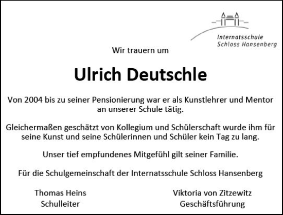 Traueranzeige von Ulrich Deutschle von Wiesbadener Kurier