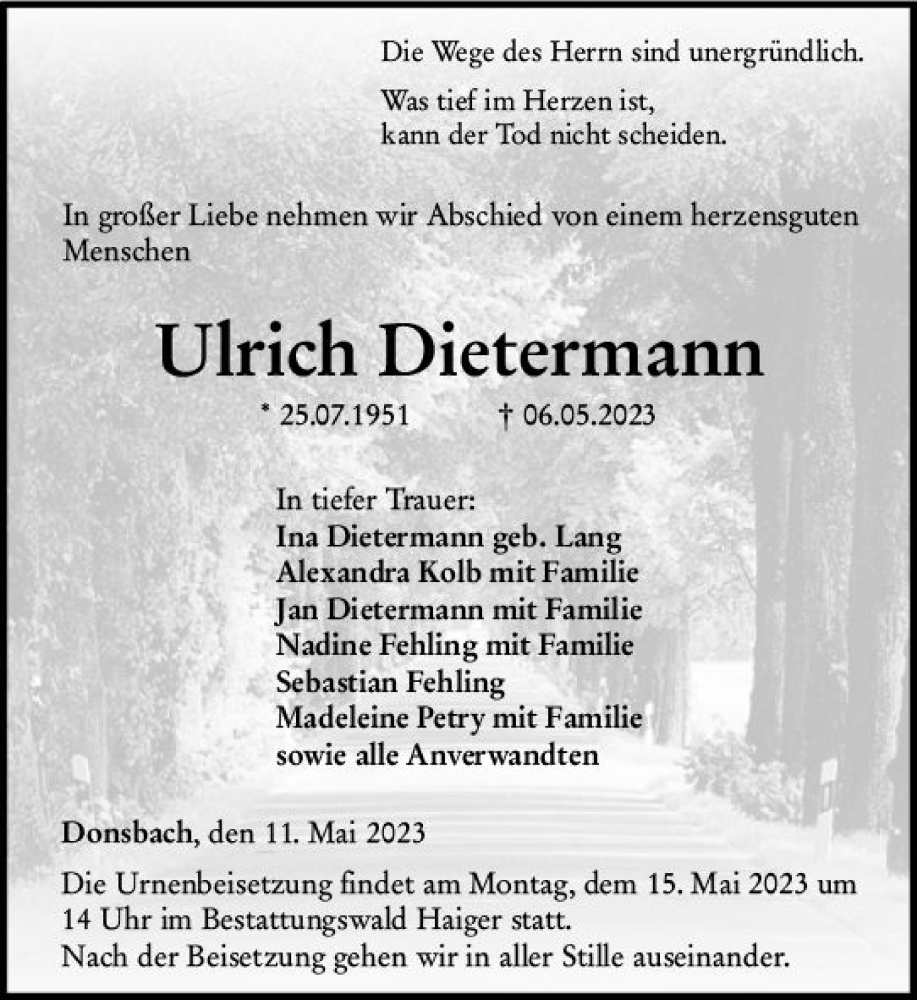  Traueranzeige für Ulrich Dietermann vom 11.05.2023 aus Dill Block