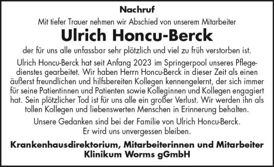 Traueranzeige von Ulrich Honcu-Berck von Wormser Zeitung