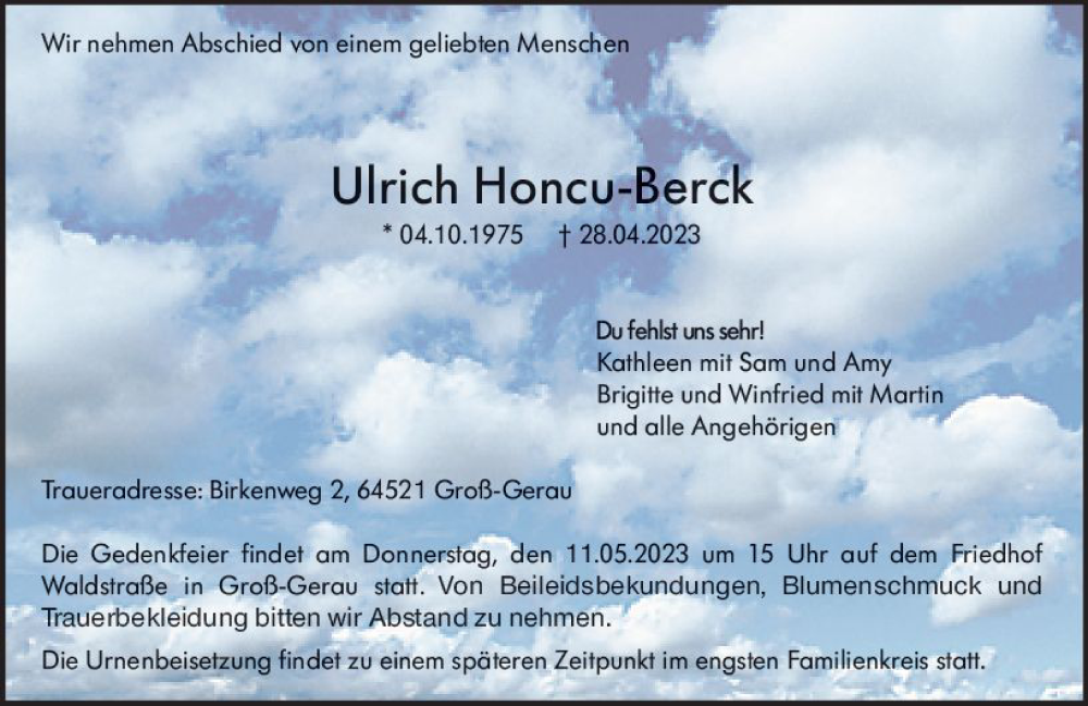  Traueranzeige für Ulrich Honcu-Berck vom 06.05.2023 aus Groß-Gerauer Echo