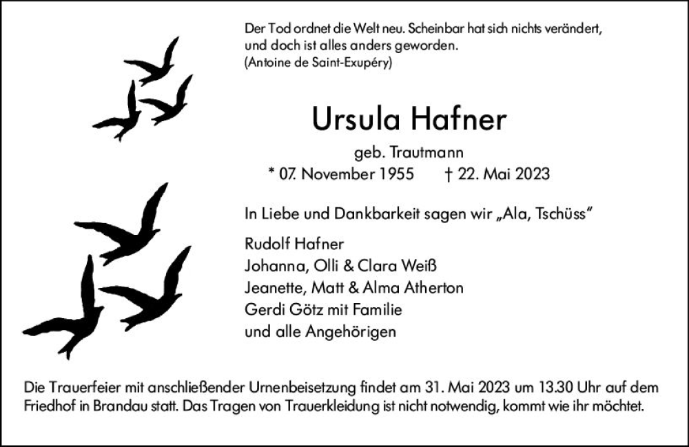  Traueranzeige für Ursula Hafner vom 27.05.2023 aus Darmstädter Echo