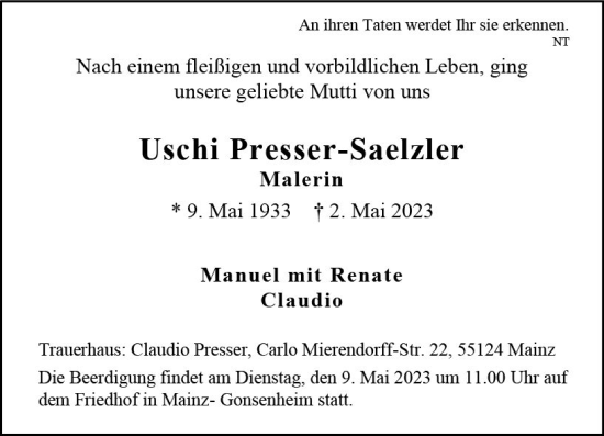 Traueranzeige von Uschi Fresser-Saelzler von Allgemeine Zeitung Mainz