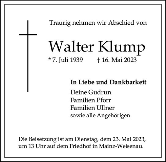 Traueranzeige von Walter Klump von Allgemeine Zeitung Mainz