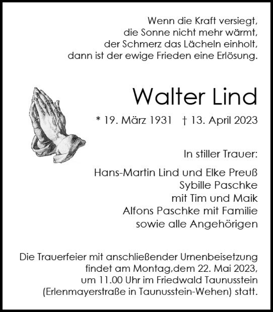  Traueranzeige für Walter Lind vom 06.05.2023 aus Wiesbadener Kurier