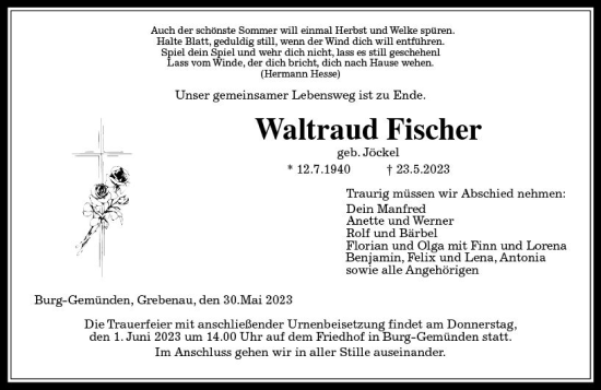 Traueranzeige von Waltraud Fischer von Oberhessische Zeitung