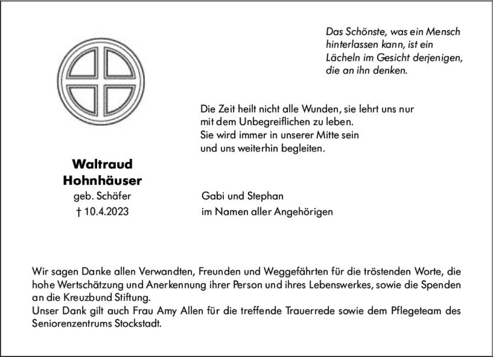 Traueranzeige für Waltraud Hohnhäuser vom 13.05.2023 aus Rüsselsheimer Echo