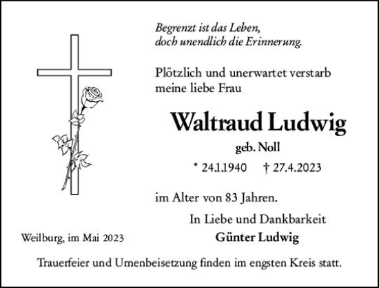 Traueranzeige von Waltraud Ludwig von Weilburger Tageblatt