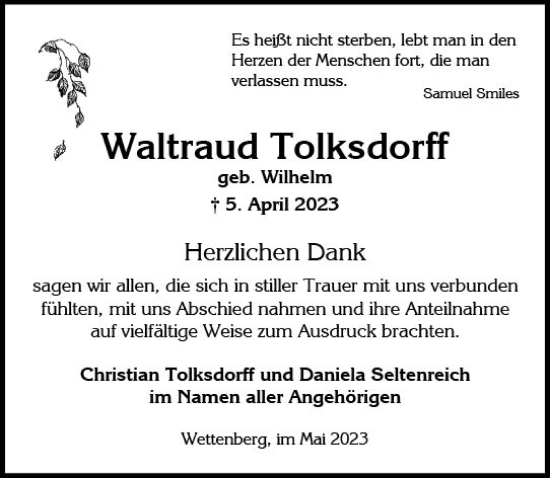 Traueranzeige von Waltraud Tolksdorff von Wiesbadener Kurier