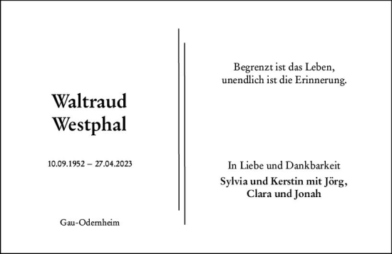 Traueranzeige von Waltraud Westphal von Allgemeine Zeitung Alzey
